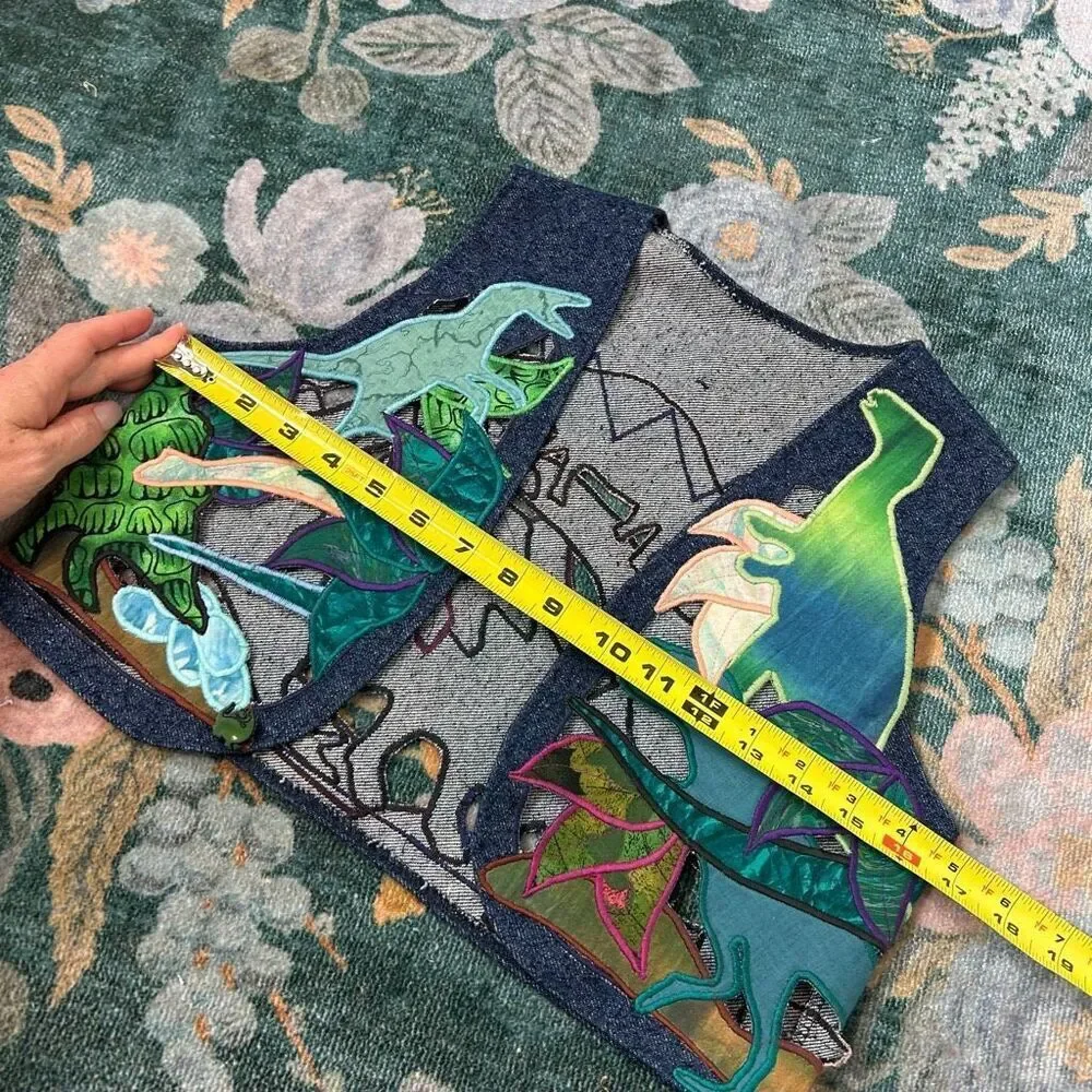 Vintage Handmade Dino Vest Kids Embroidered Blue western Applique Dinosaur Denim - Picture 10 of 10